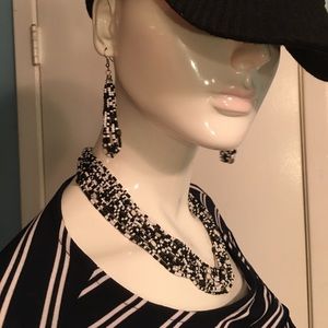 Black &white beaded multi strand necklace earrings